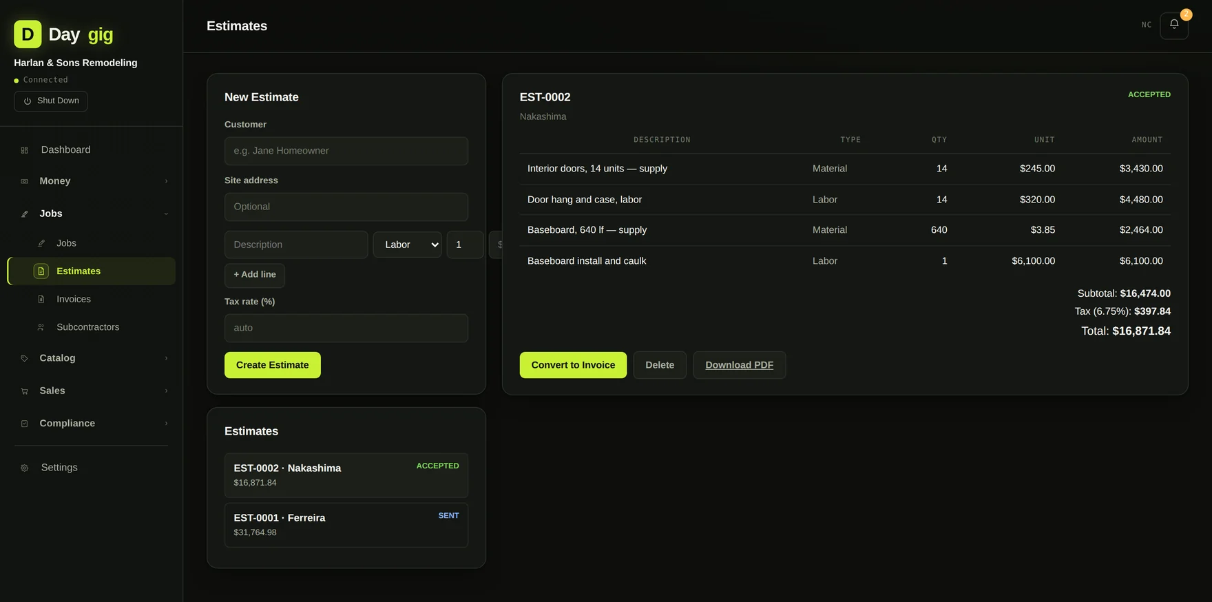 A Daygig estimate with itemized labor and material lines ready to convert to an invoice