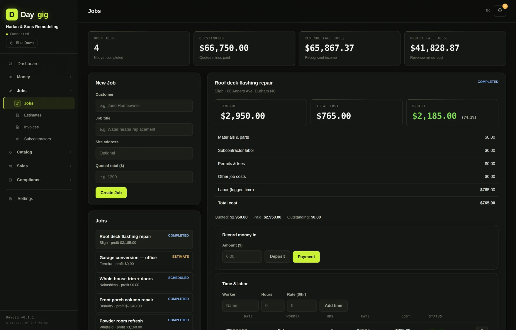 Daygig's job list with open jobs, outstanding balance, and real profit per job