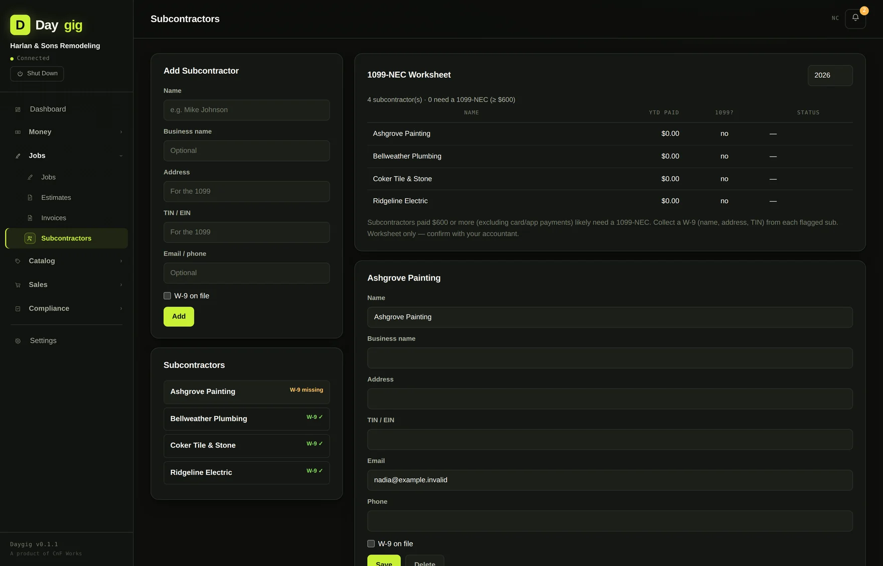 Daygig's subcontractor list with W-9 status and year-to-date payments for 1099 reporting