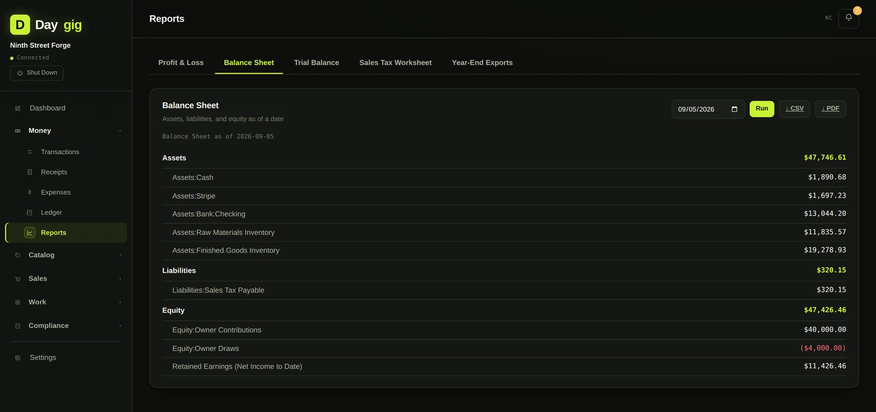 Daygig's balance sheet with assets, liabilities and owner equity