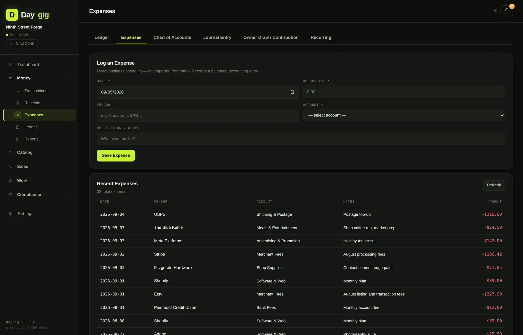 Daygig's expense list with dates, vendors, categories and amounts, plus a form for recording a new expense