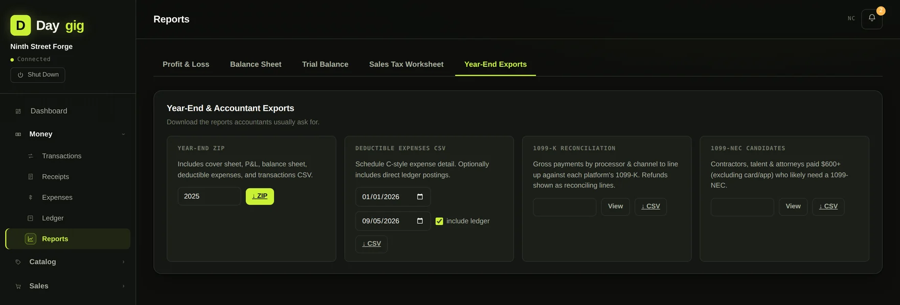 Daygig's year-end export screen offering a complete accountant package as a single download