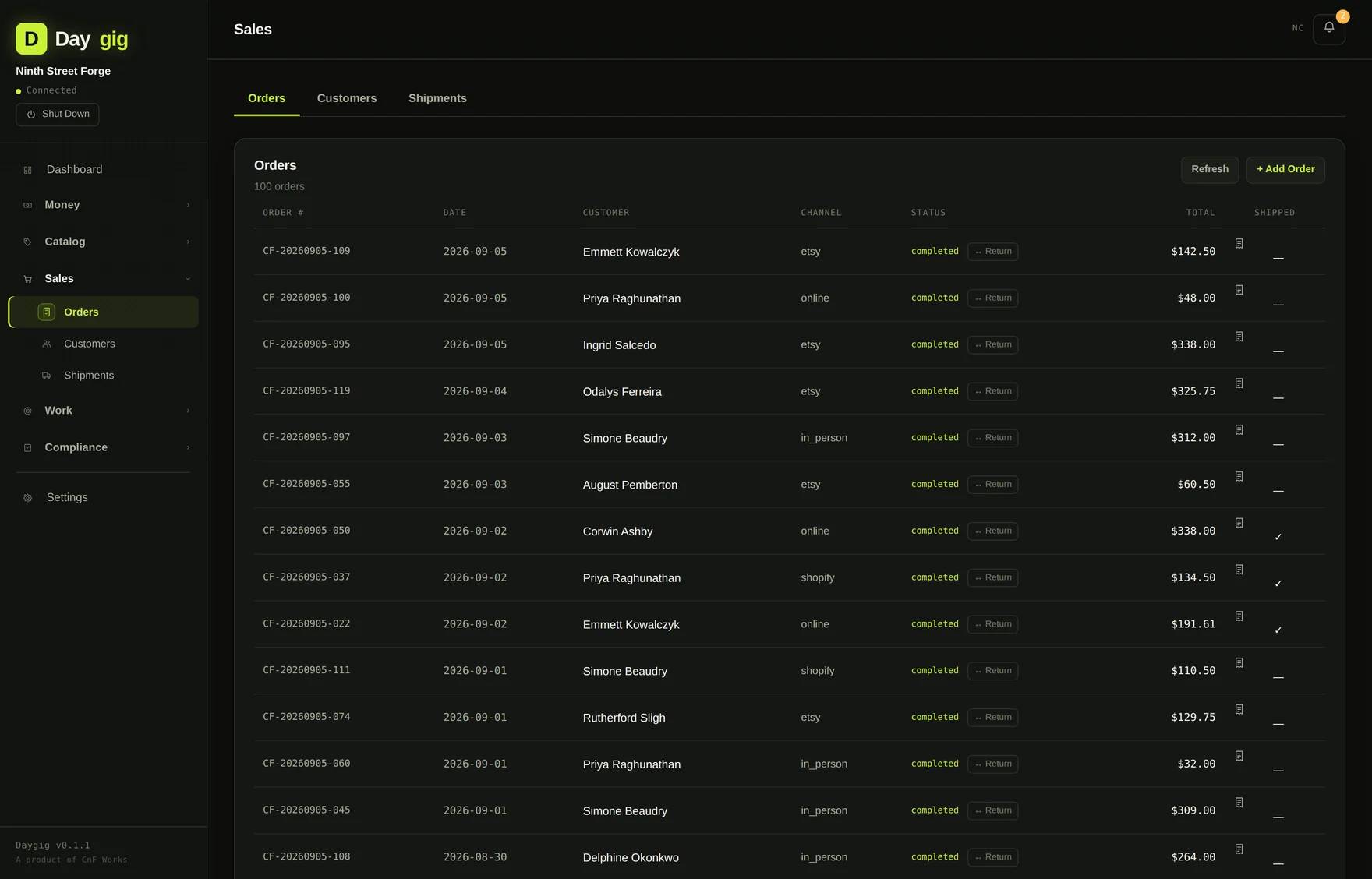 Daygig's order list across sales channels with statuses and totals