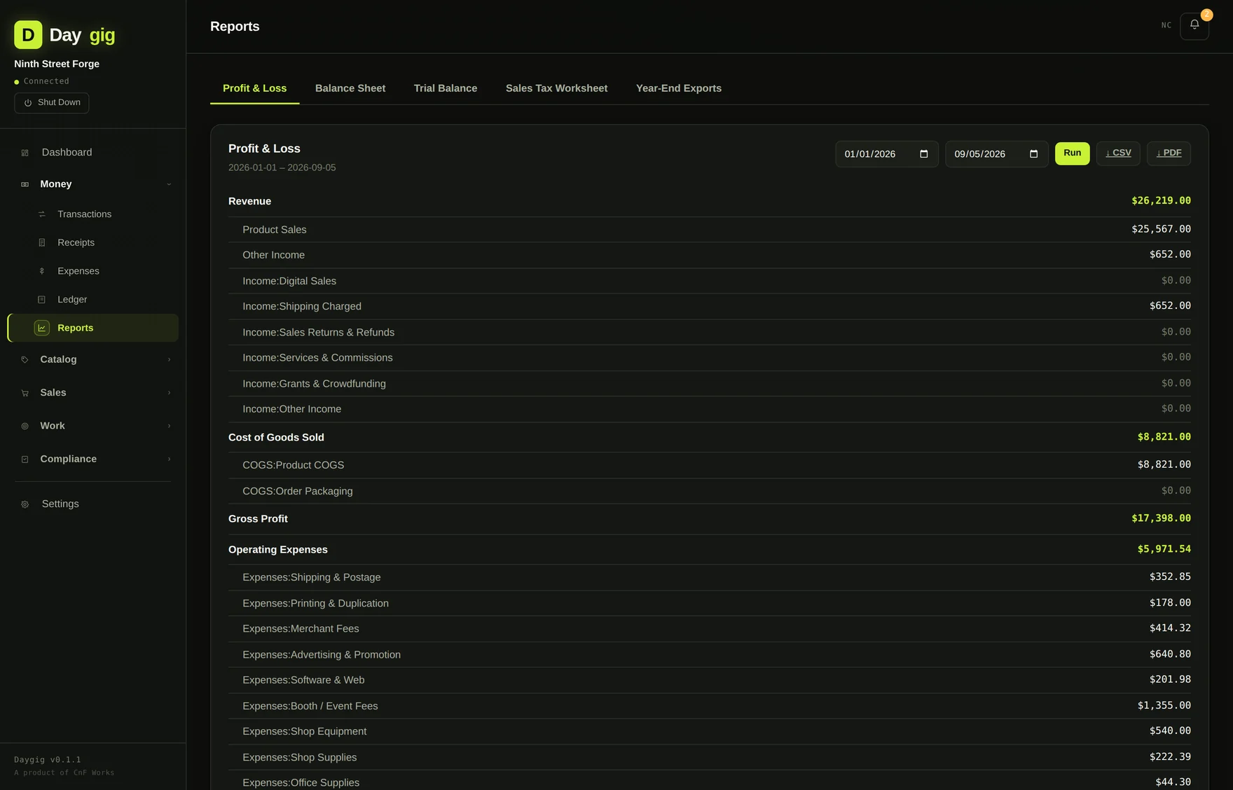 A Daygig profit and loss statement with revenue, COGS, gross profit and operating expenses