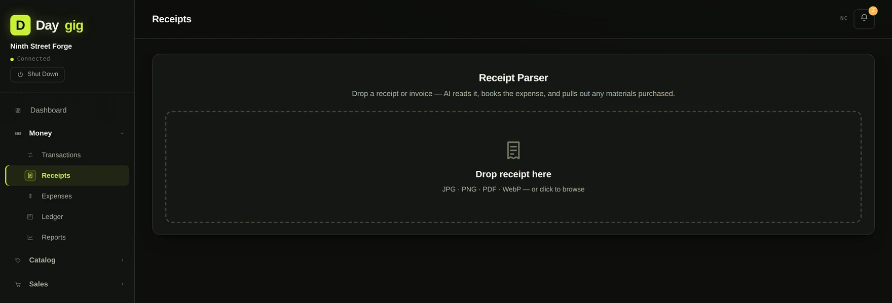 Daygig's receipt capture screen with a drop zone for receipt images and parsed fields ready to post