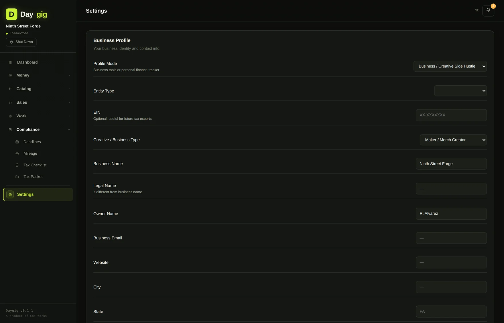 Daygig's settings screen with business details, tax rates, integrations and the database backup panel